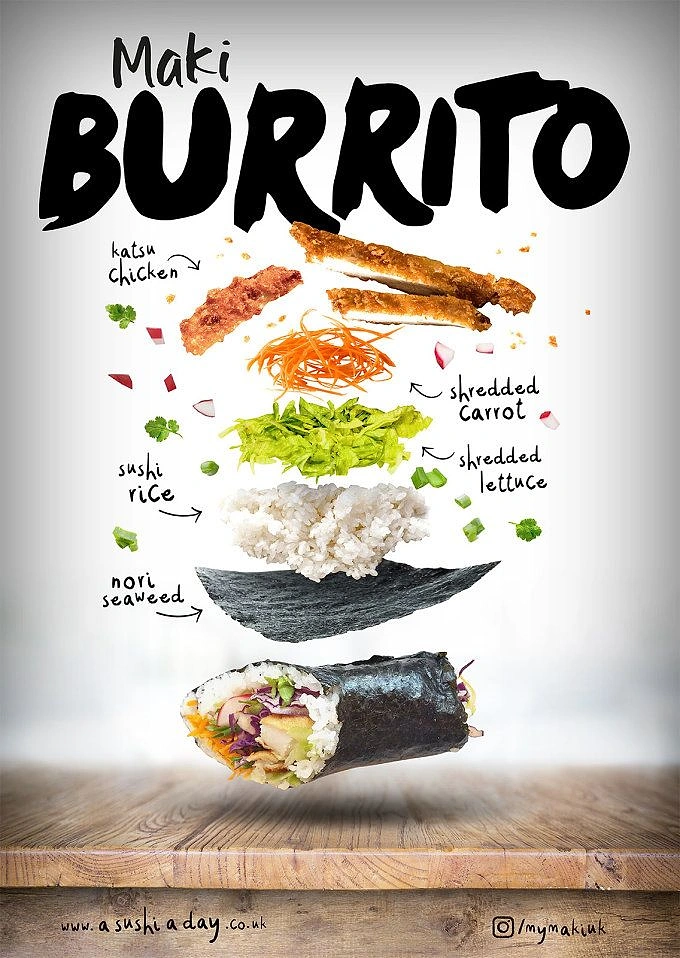 Sushi & Japanese Restaurants creative ad: Sushi burrito pun with ingredient illustration