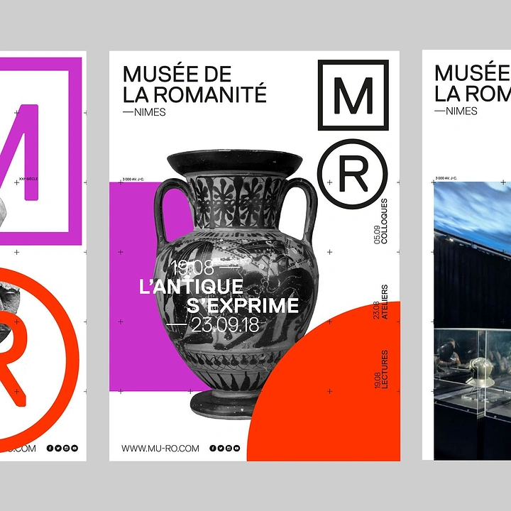 Events & Nightlife creative ad: Black-figure classical amphora over geometric colour fields