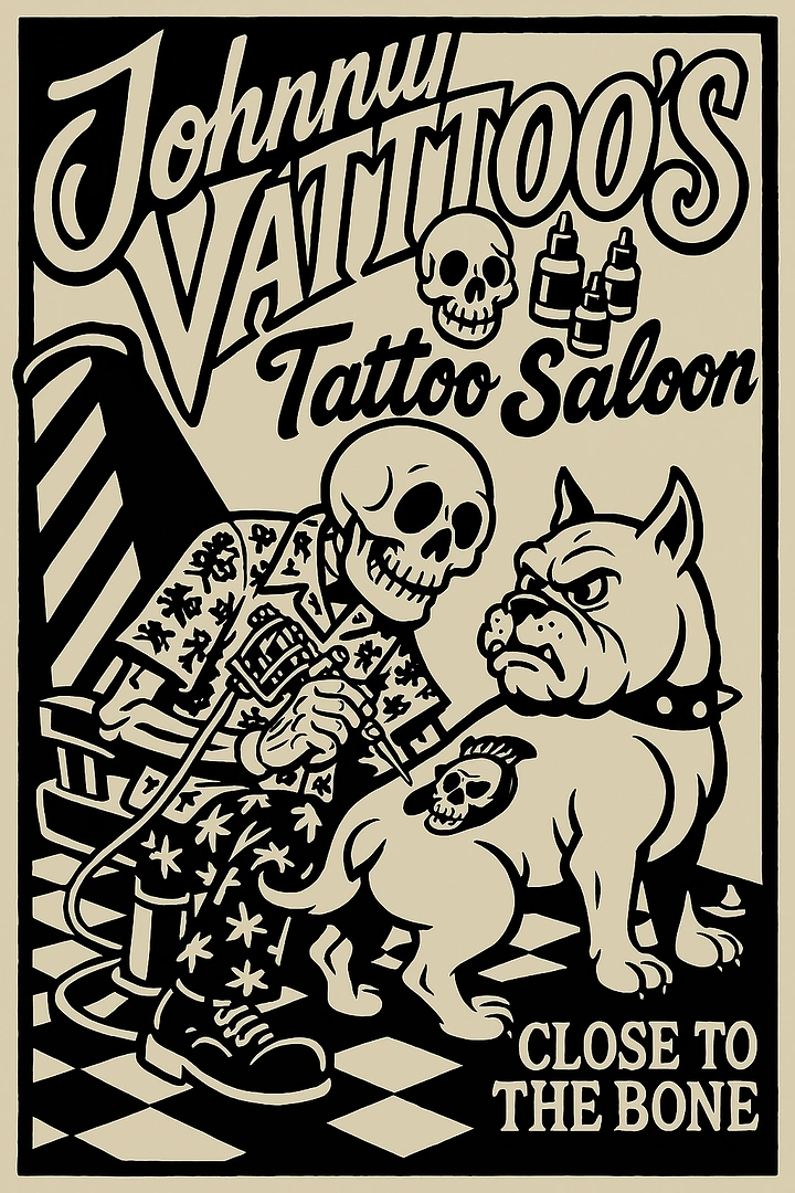 Tattoo Studios creative ad: Skeleton tattooing bulldog, 'Close to the Bone'