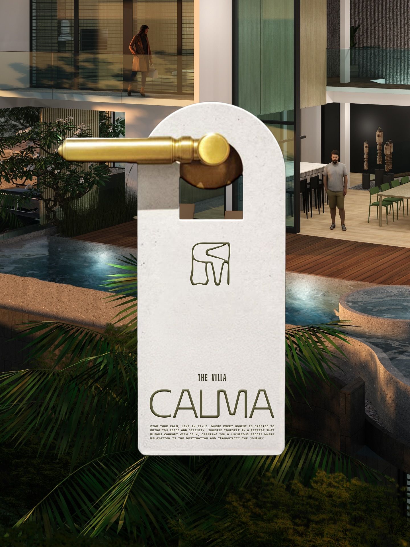 Instagram post: Stone-textured door hanger on brass handle over villa render