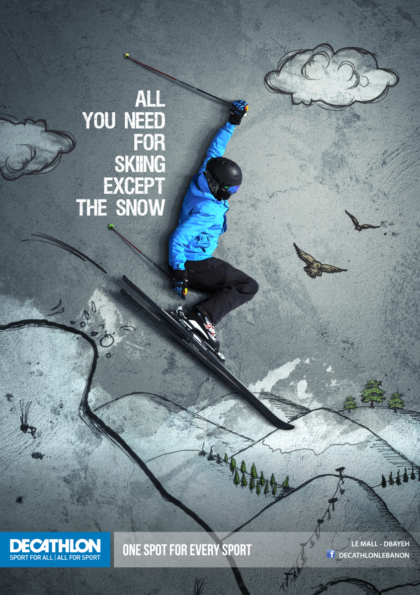 Real skier photographed mid-jump over a chalk-drawn mountain landscape