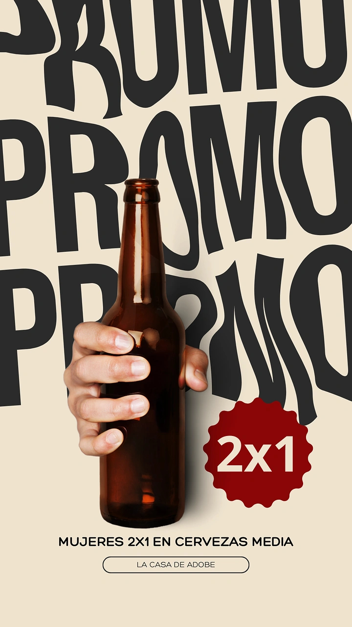 Women's Day creative ad: Hand holding a brown beer bottle over warped typography