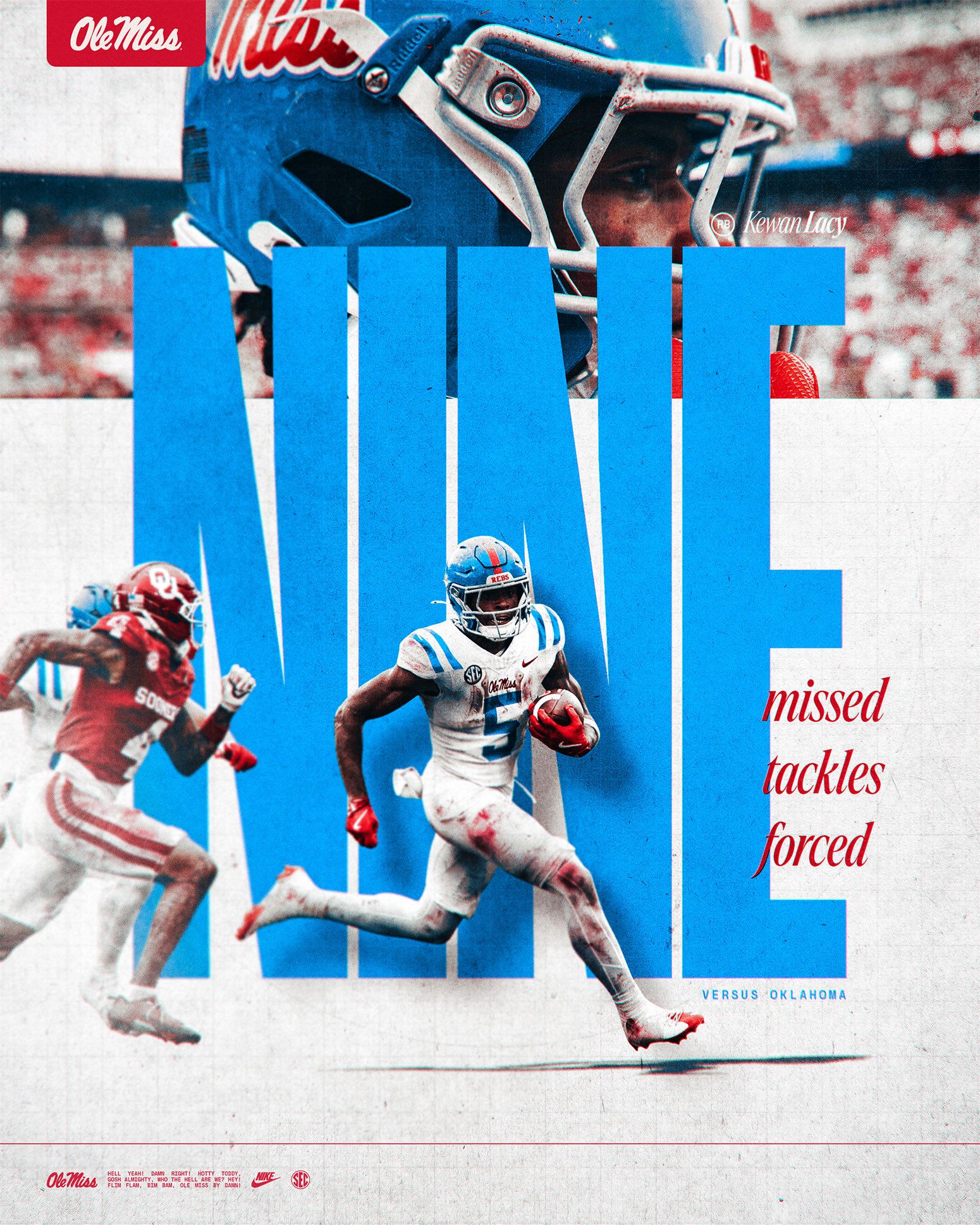 Instagram post: Football running back carrying ball through giant blue letters