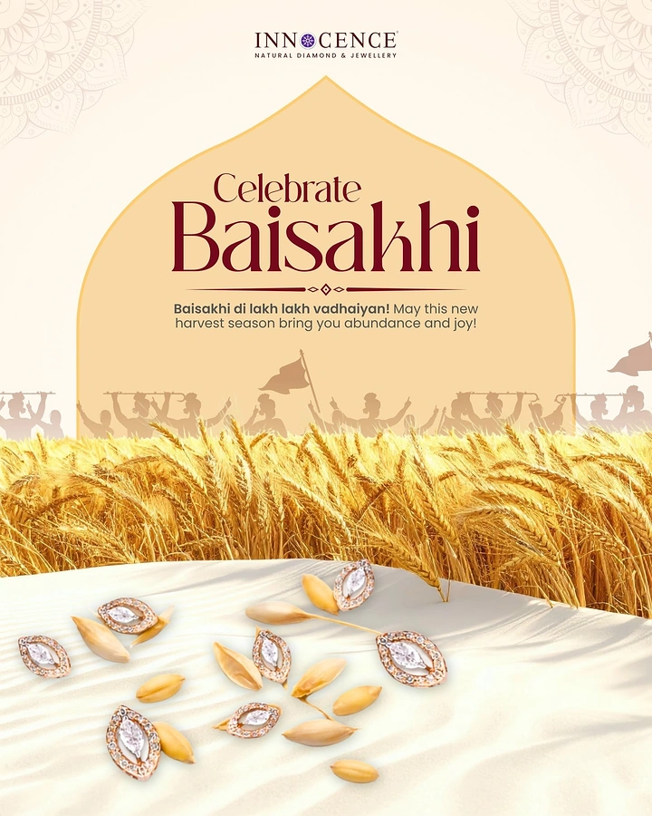 other-festival creative ad: Diamond earrings scattered with wheat grains on sand before a wheat field