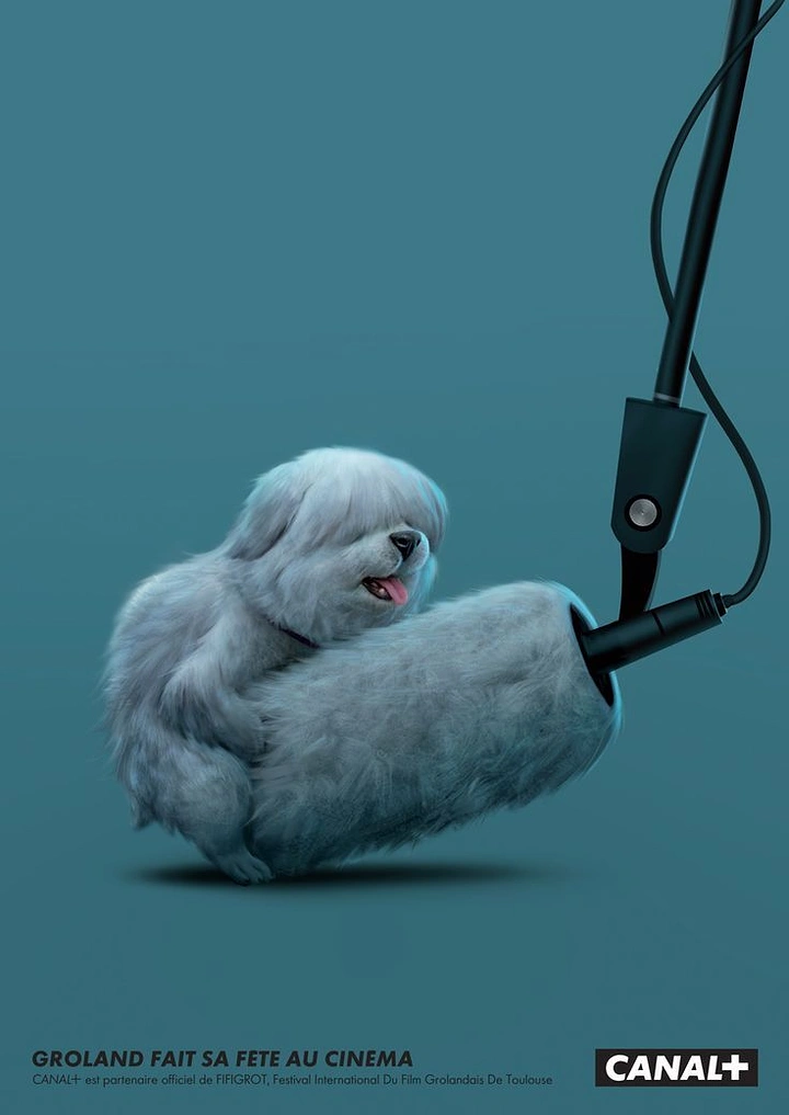 Cinemas & Movie Theatres creative ad: Dog as boom-mic windscreen, Canal+ cinema