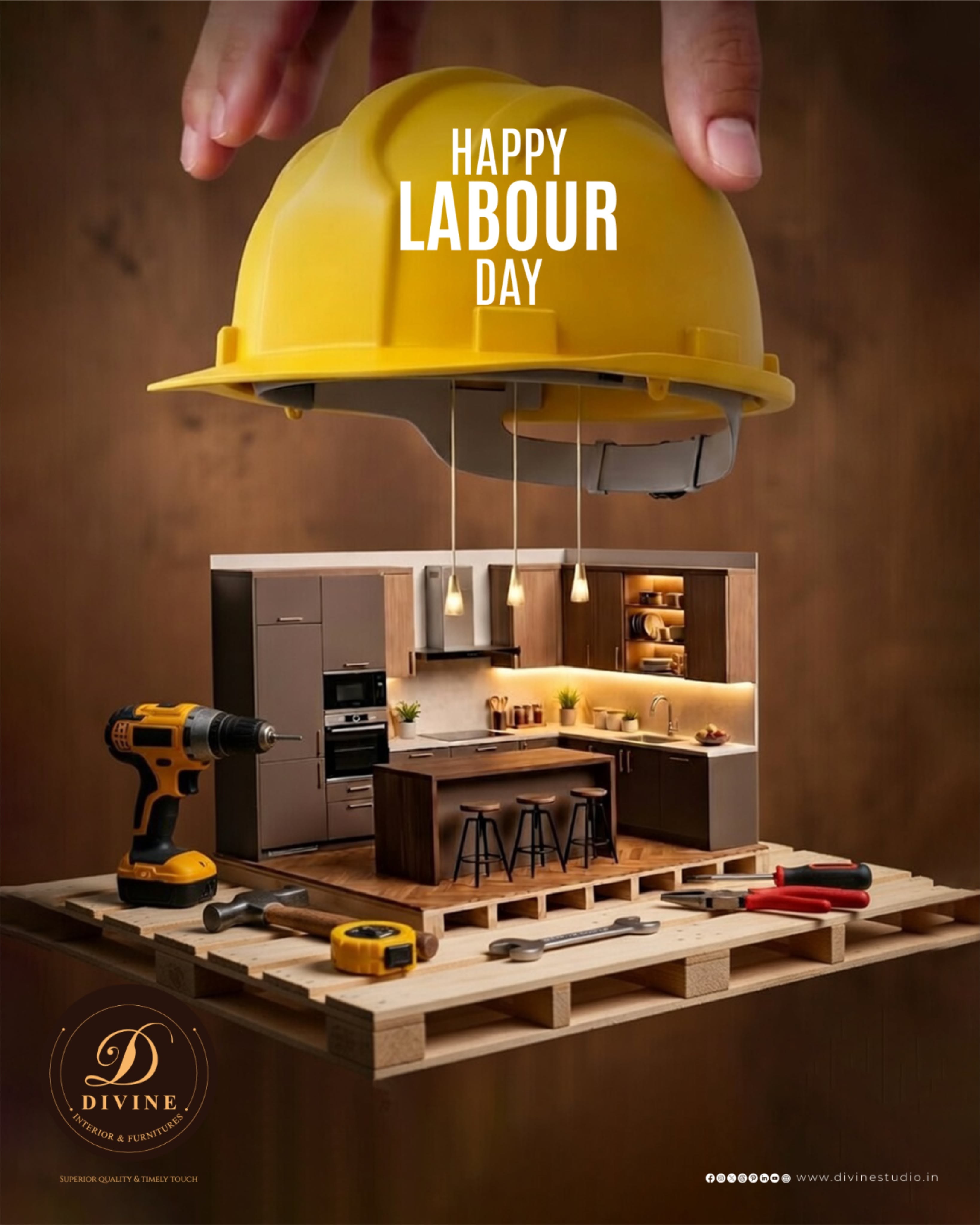 other-festival Instagram post: Fingers lowering a yellow hard hat over a miniature modular kitchen on a pallet