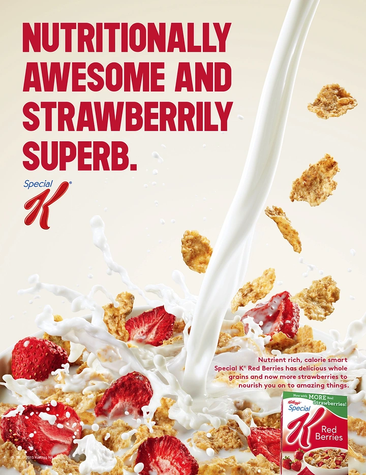 Breakfast Cereals & Oats creative ad: Strawberry wordplay with dramatic milk splash