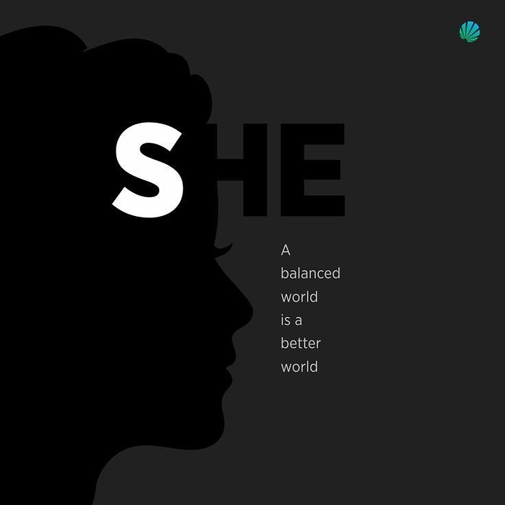 Women's Day creative ad: Black silhouette of a woman's profile with overlapping word