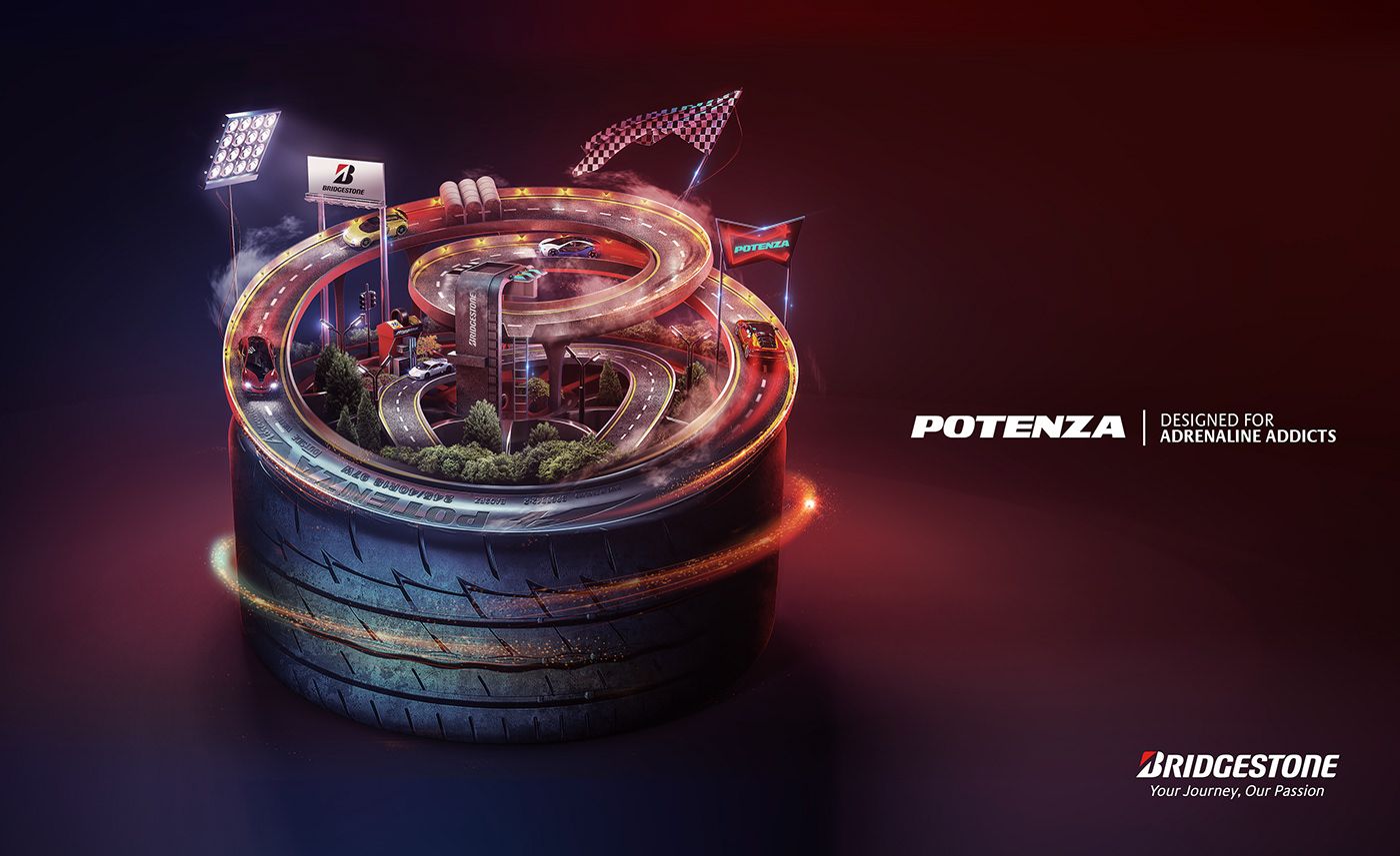 Banner: Tyre topped with a miniature spiralling race circuit
