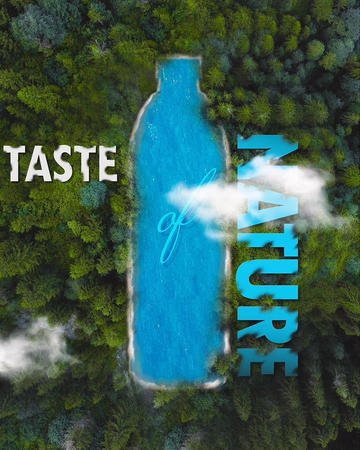 Packaged Drinking Water creative ad: Aerial view of a bottle-shaped turquoise lake in a dense pine forest