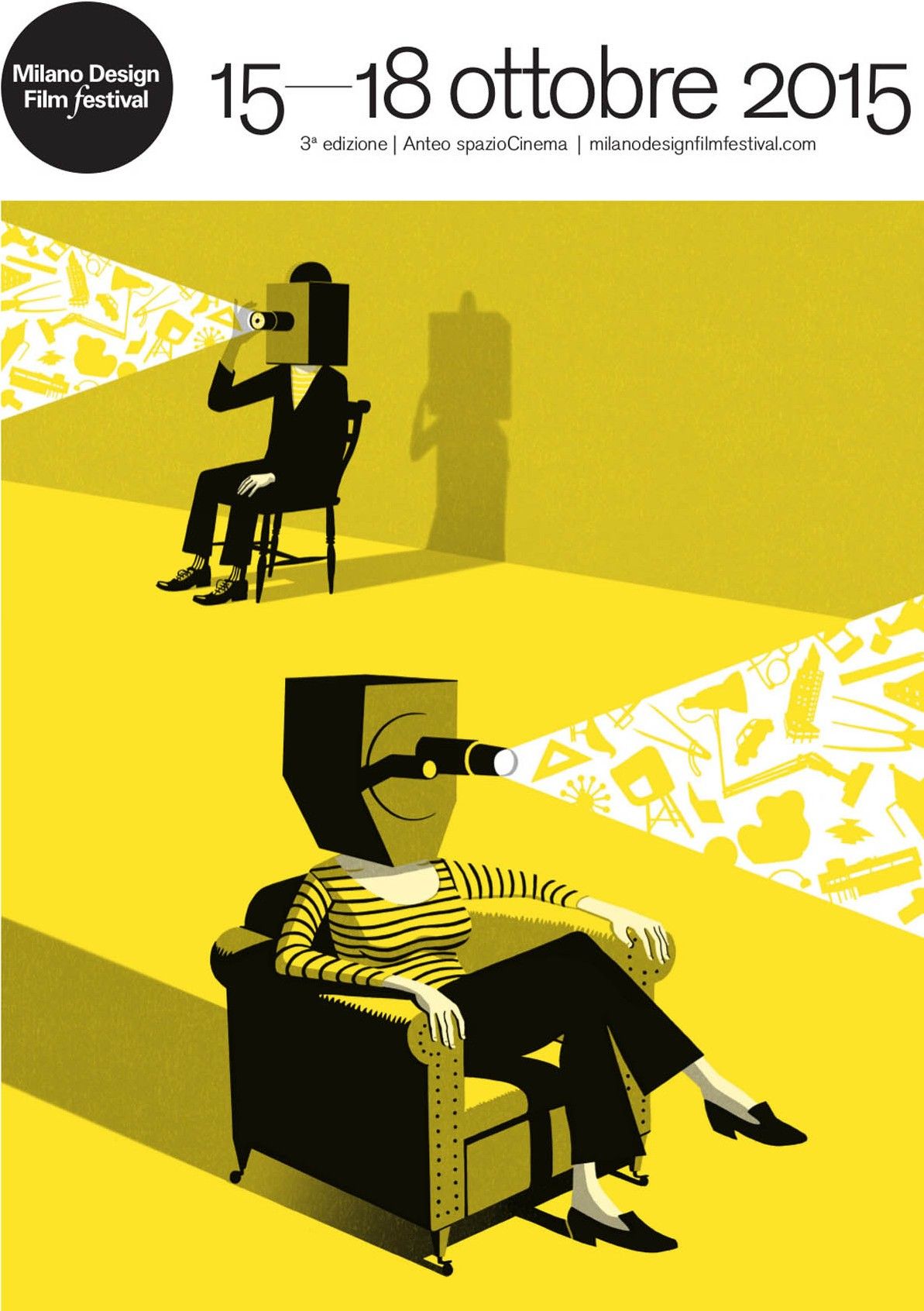 Poster: Two seated figures with film-projector heads beaming design-object silhouettes
