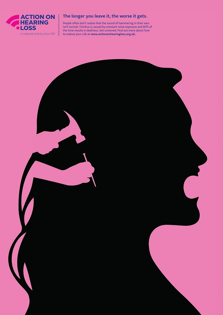 Hearing Aids creative ad: Silhouette with plugged ear metaphor