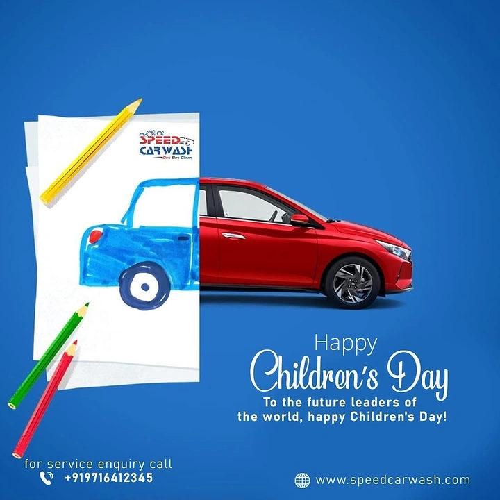 Car Wash & Detailing creative ad: Crayon drawing becomes real car, Children's Day