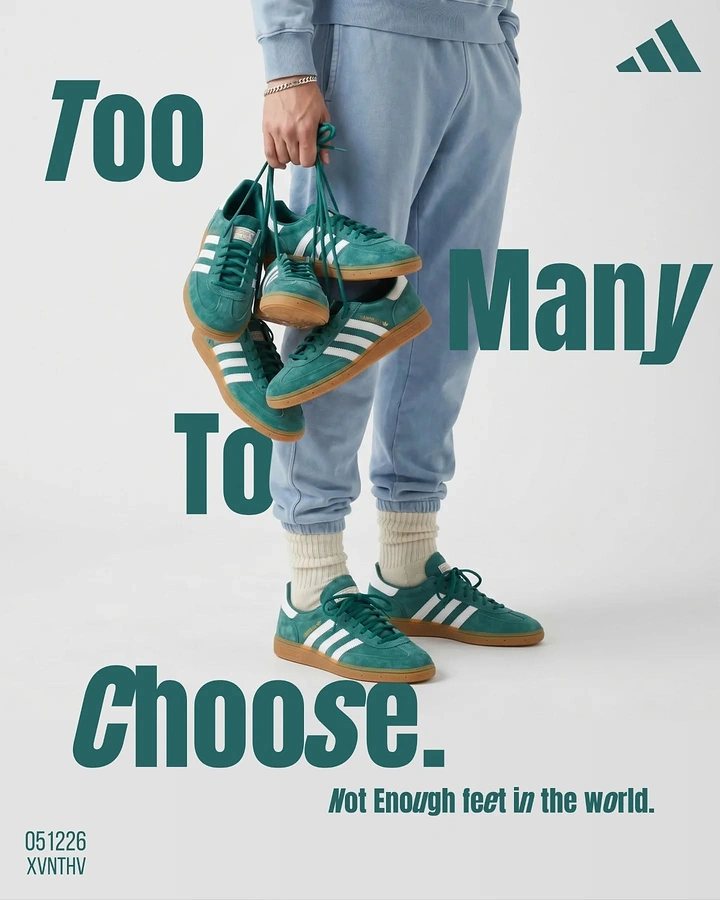 Creative ad: Model in pale blue sweats holding several green suede sneakers