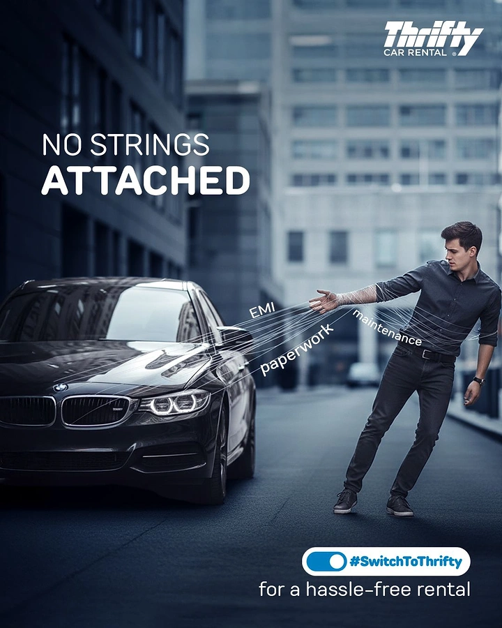 Car Rental creative ad: No strings attached: man cutting EMI strings