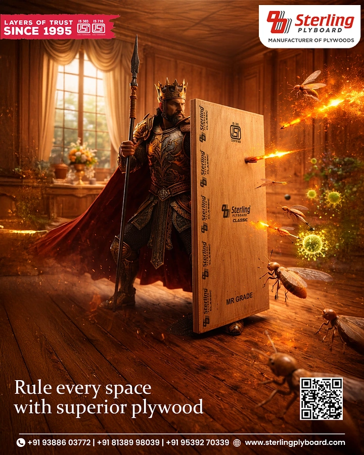 Carpenters & Woodwork creative ad: Plywood sheet as warrior's shield vs termites