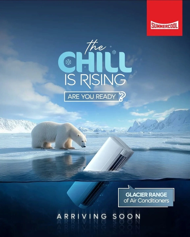 Home Appliances creative ad: AC unit floating in arctic water beside polar bear