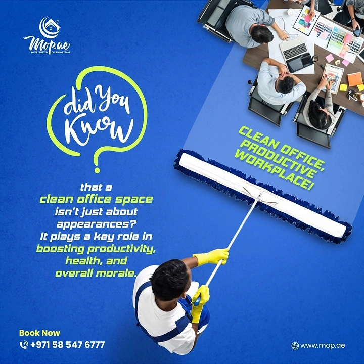 Cleaning Services creative ad: Squeegee wipe reveals clean office overhead