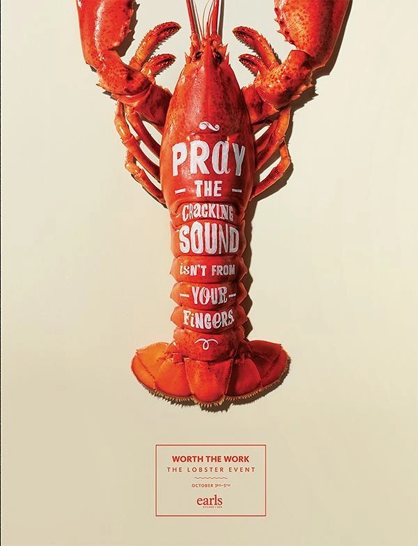 Seafood Restaurants creative ad: Lobster personified as playful typography