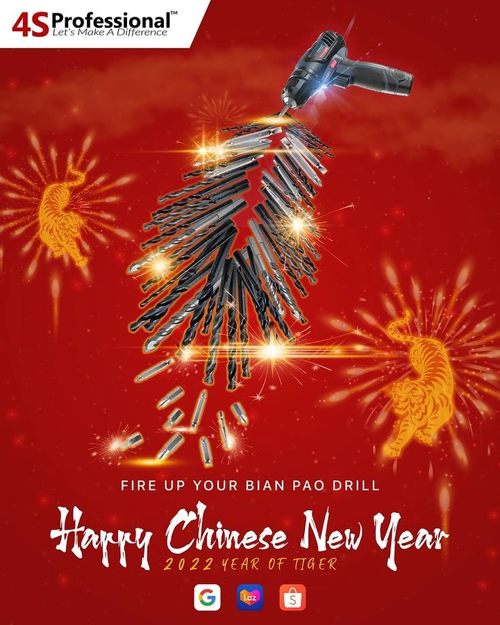 Lunar New Year creative ad: Cordless drill with drill bits arranged as a firecracker string