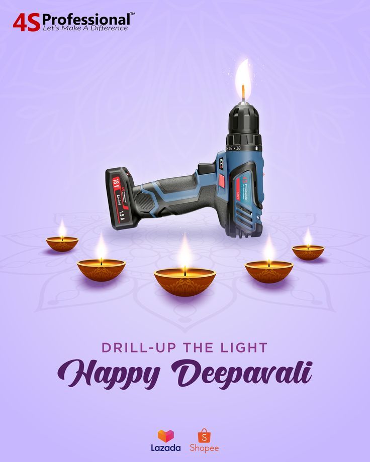 Cordless drill with a flame at its chuck, behind an arc of diyas