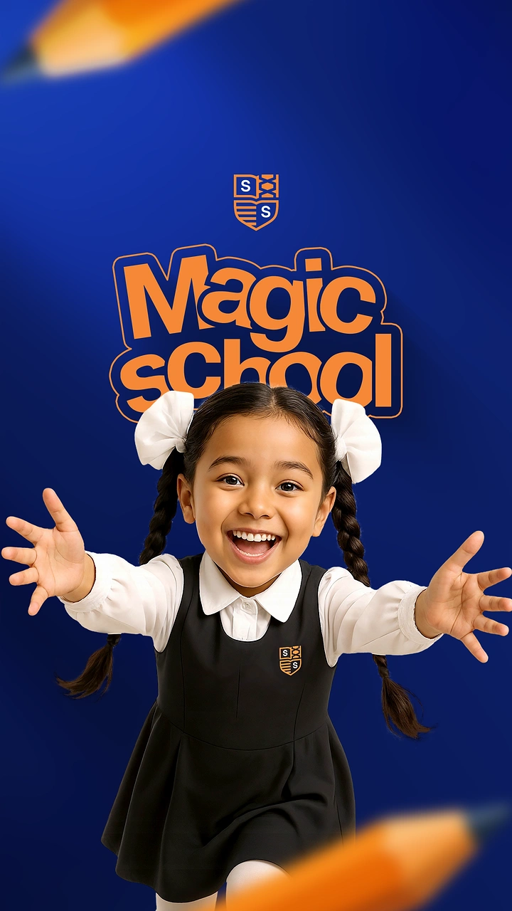 Schools & School Admissions creative ad: Magic-school theme with playful child reveal