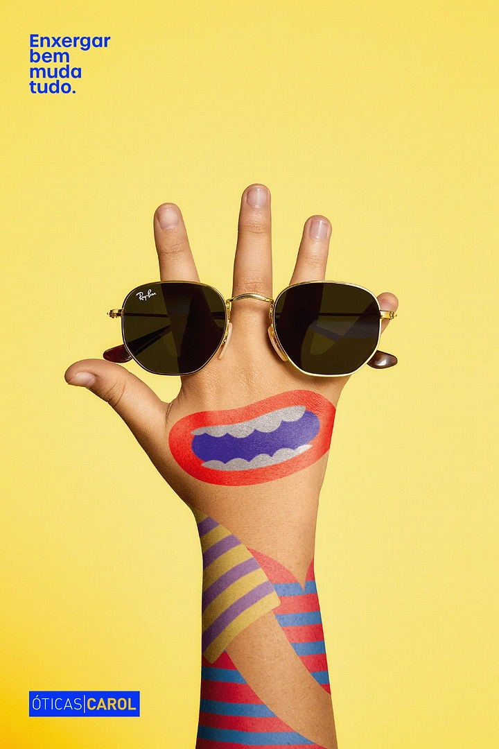 Opticians & Eye Care creative ad: Painted hand becomes face wearing sunglasses