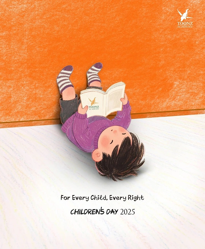Children's Day creative ad: Illustrated child lying on floor reading a book with legs up against an orange wall