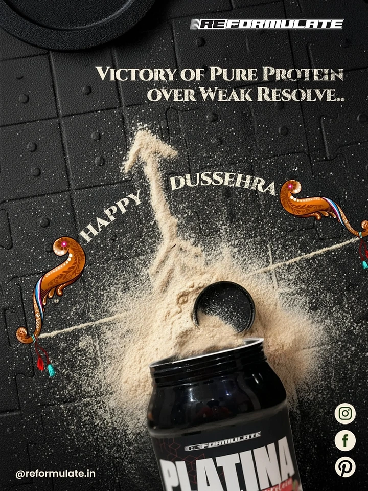 Dussehra creative ad: Spilled protein powder forming a drawn bow and upward arrow from a tipped tub