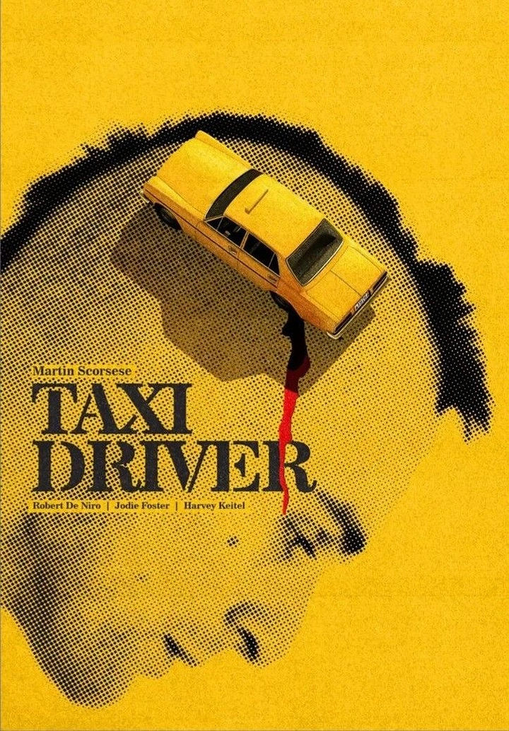 Media creative ad: Halftone face with a yellow taxi on top of the head, bleeding red