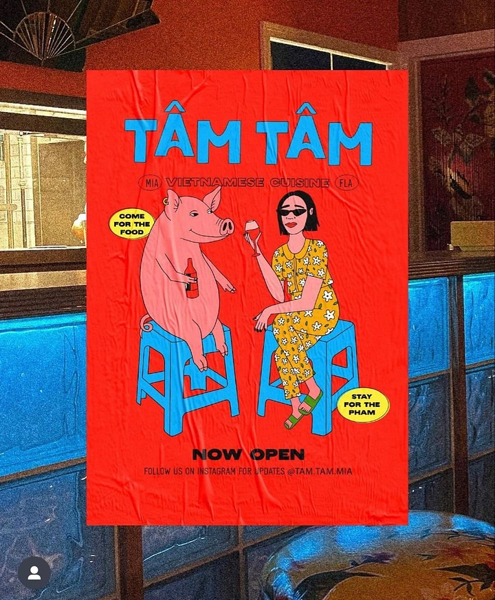 Creative ad: Illustrated pig and stylish woman drinking on blue plastic stools
