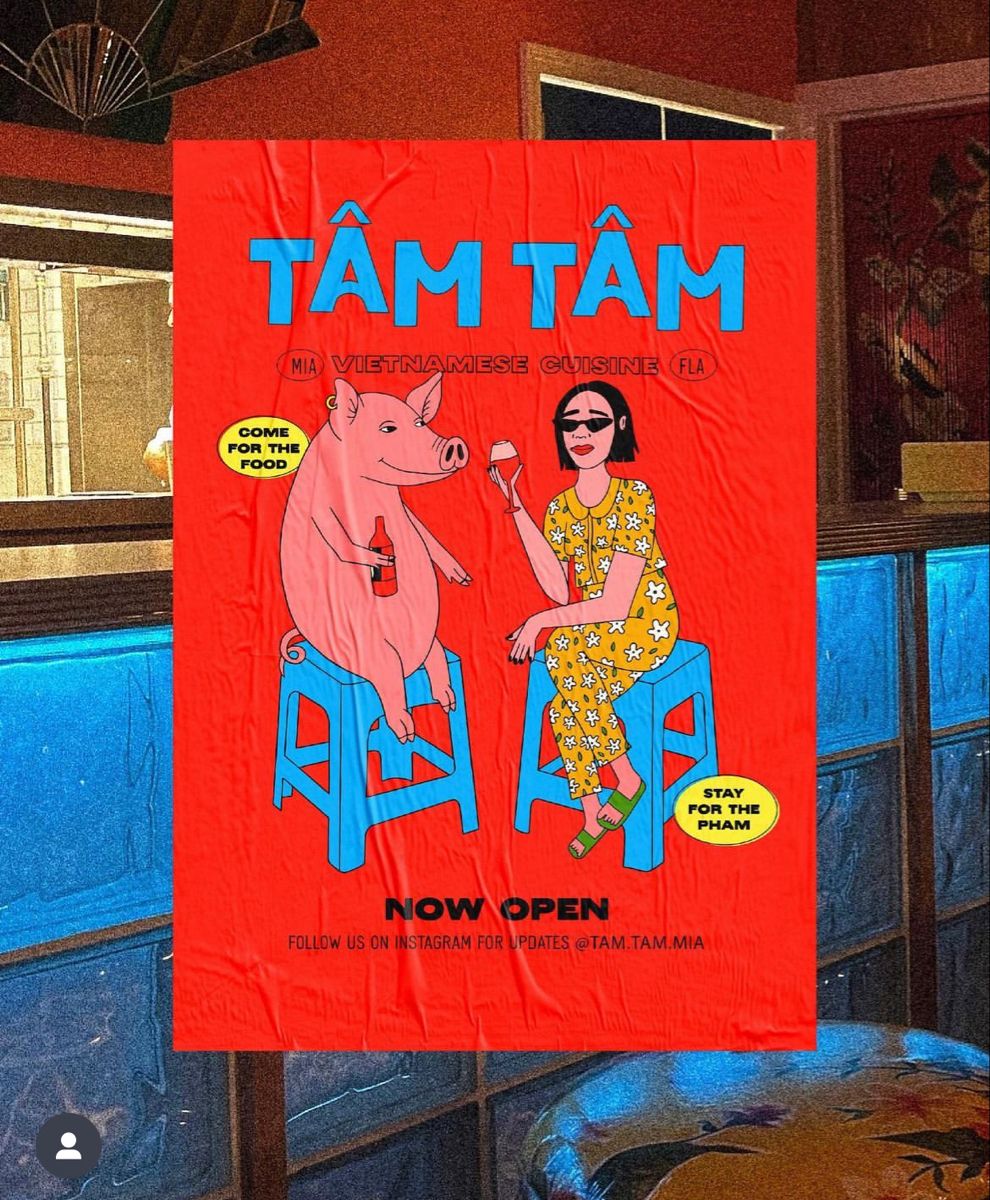 Poster: Illustrated pig and stylish woman drinking on blue plastic stools