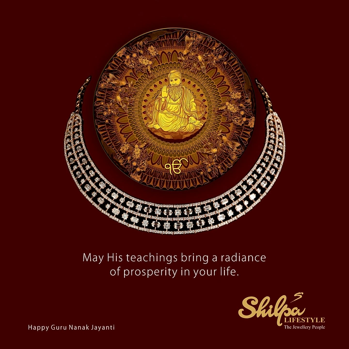 Guru Nanak Jayanti creative ad: Diamond choker necklace cradling a golden mandala medallion of Guru Nanak