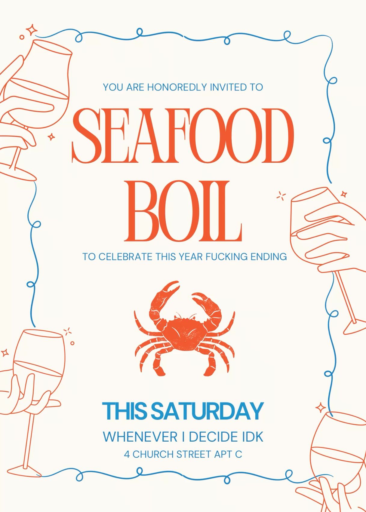 Story: Witty irreverent copy anchors seafood boil invitation