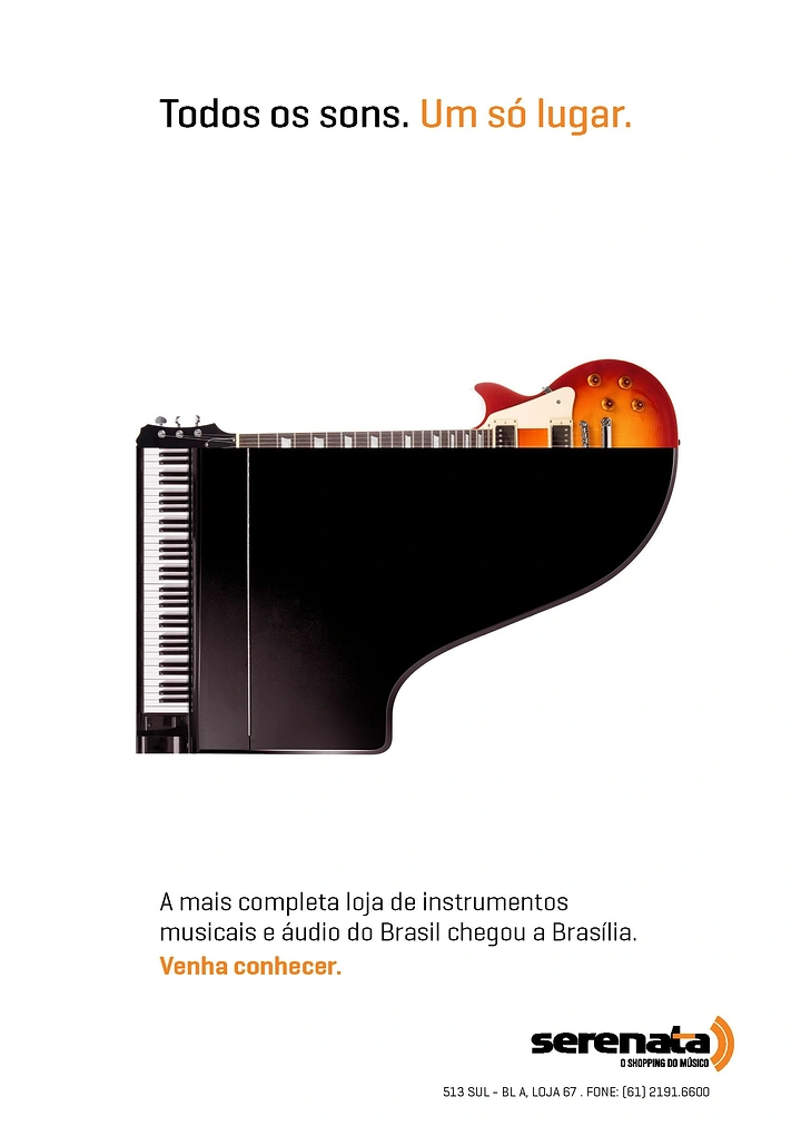 Musical Instrument Stores creative ad: Hybrid grand piano and electric guitar merged into one shape