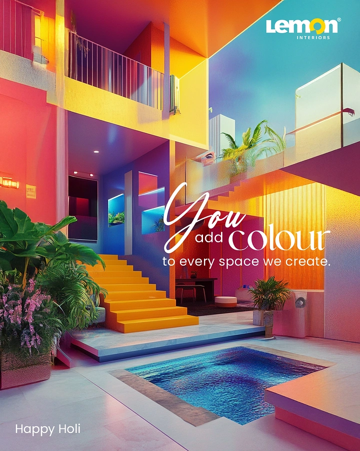 Holi creative ad: Rainbow-lit modern courtyard interior with pool