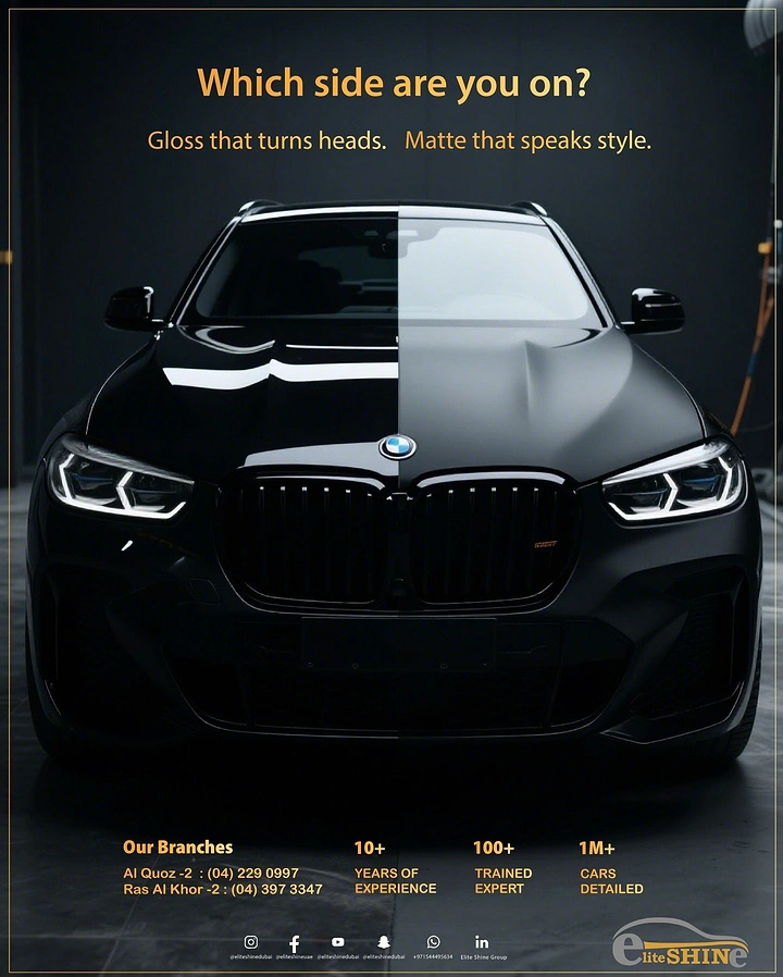 Car Wash & Detailing creative ad: Split car gloss vs matte 'which side'