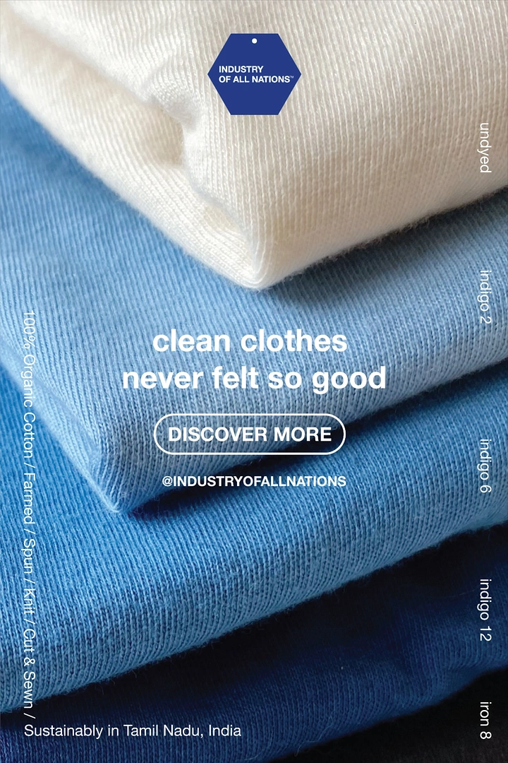 Organic & Farm Produce creative ad: Close-up of folded cotton tees stacked from undyed white through indigo shades