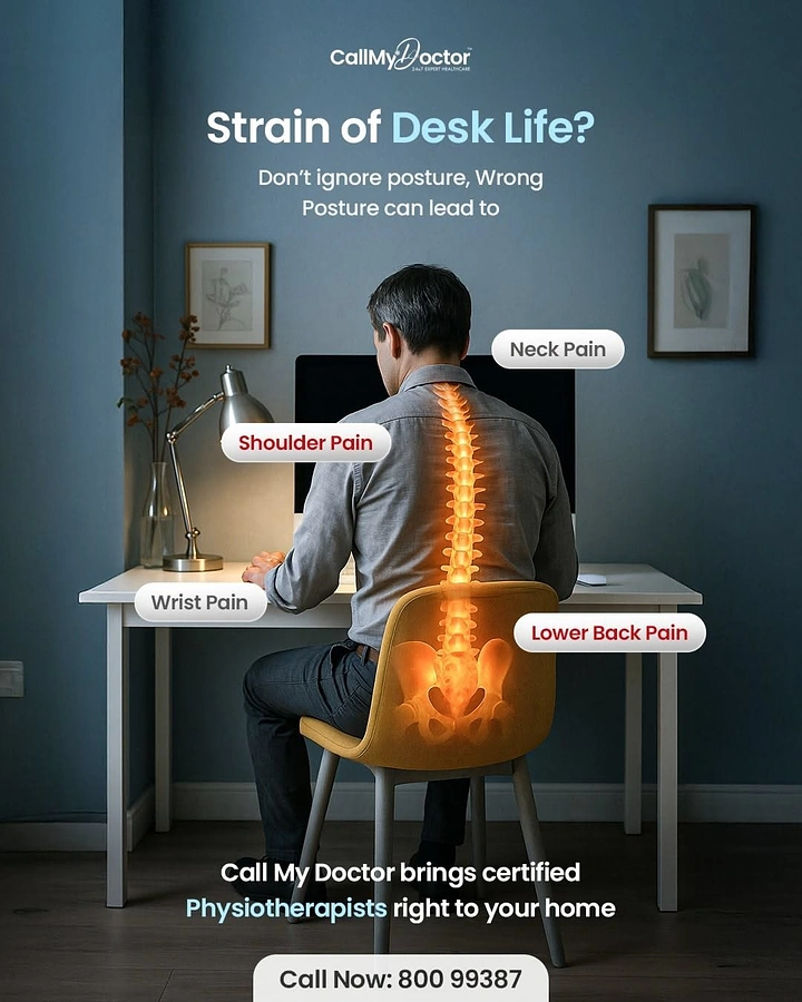 Physiotherapy creative ad: Man at a desk seen from behind with a glowing orange spine overlay