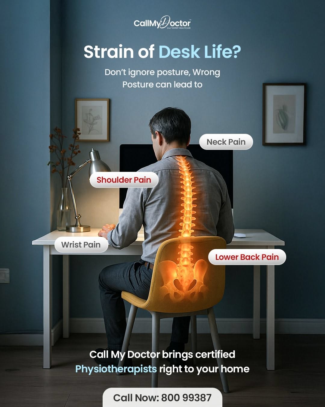 Instagram post: Man at a desk seen from behind with a glowing orange spine overlay