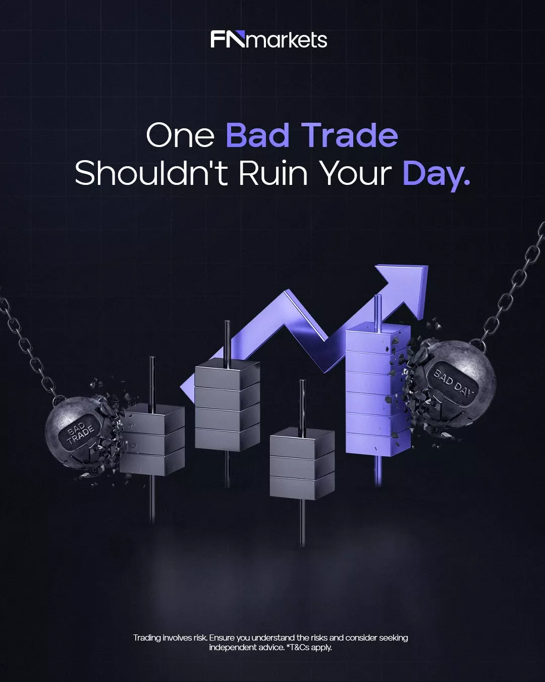 Instagram post: 3D candlestick chart struck by wrecking balls with rising arrow