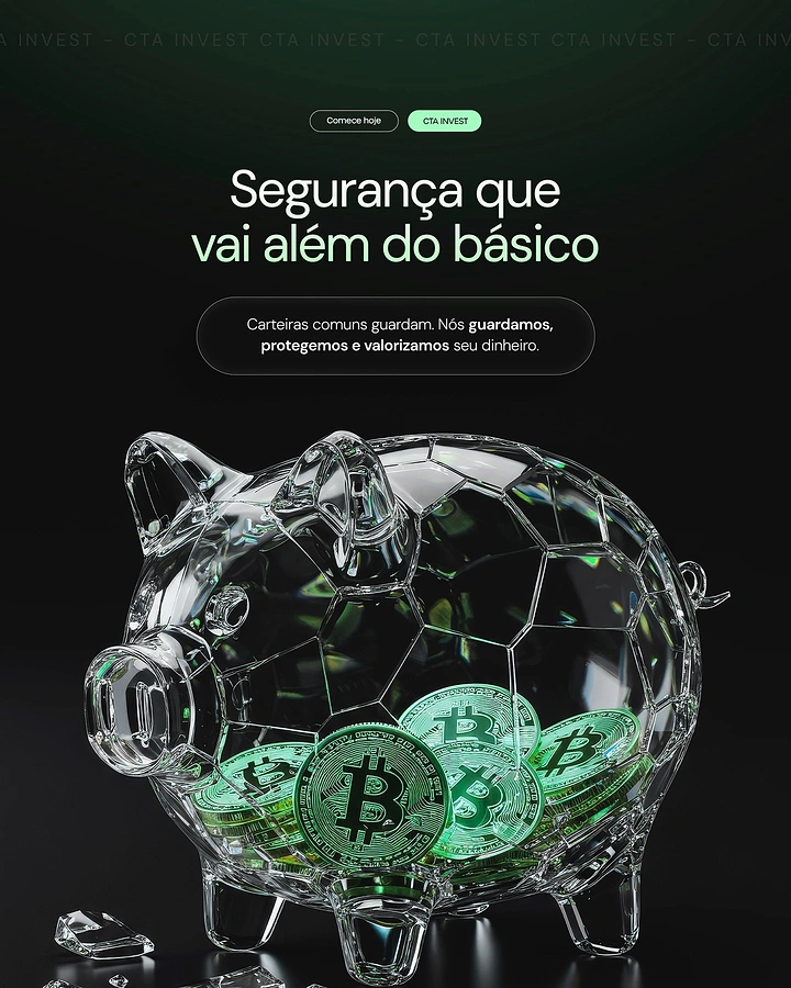 Stock Brokers & Investing creative ad: Crystal glass piggy bank holding glowing green Bitcoin coins