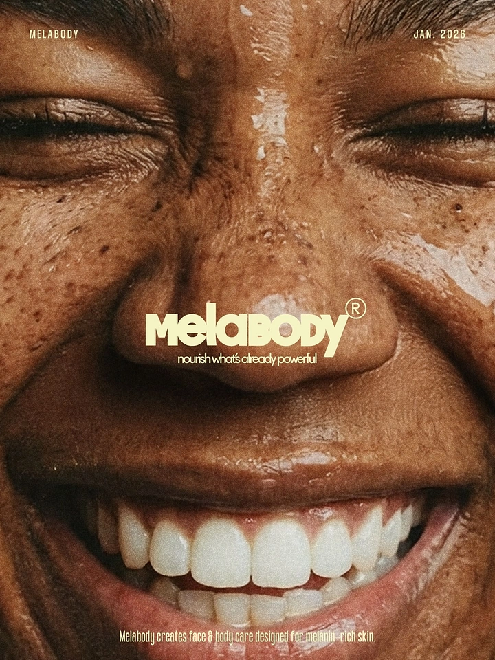 Skincare & Cosmetics creative ad: Extreme close-up of a smiling face with deep, glistening skin