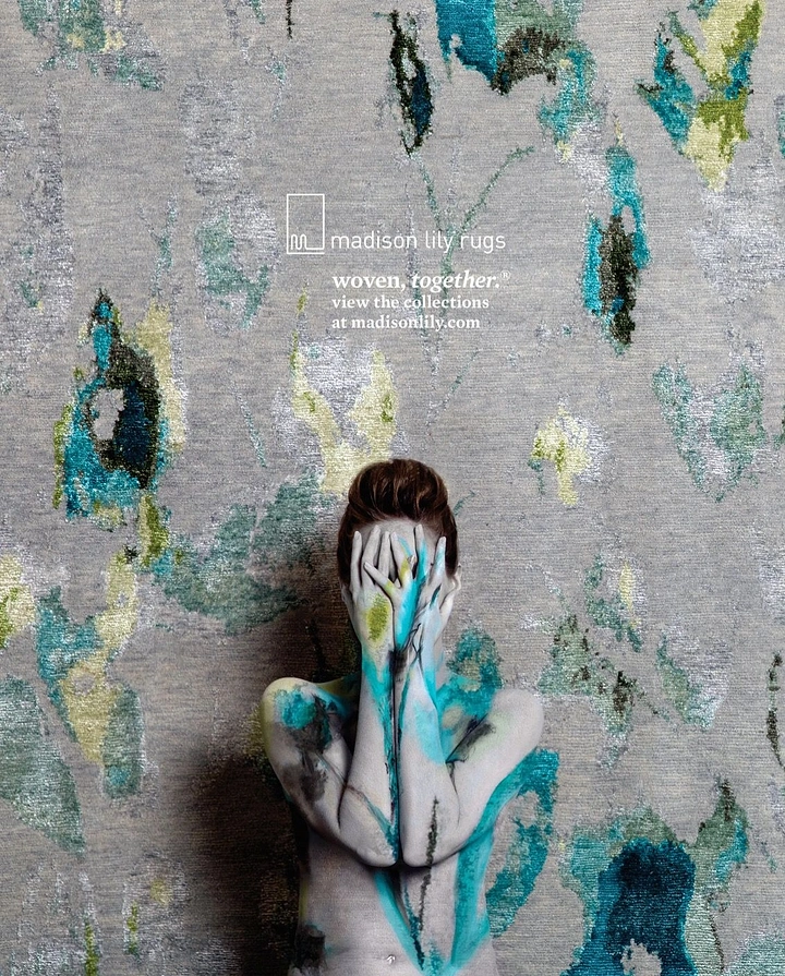 Rugs & Carpets creative ad: Person visually merges with woven texture