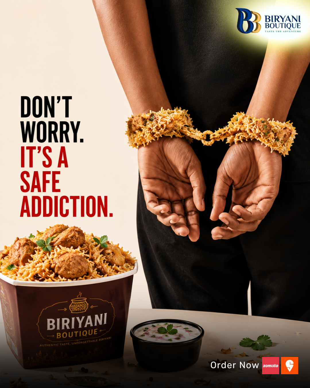 Instagram post: Wrists cuffed with biryani-rice handcuffs behind a person's back