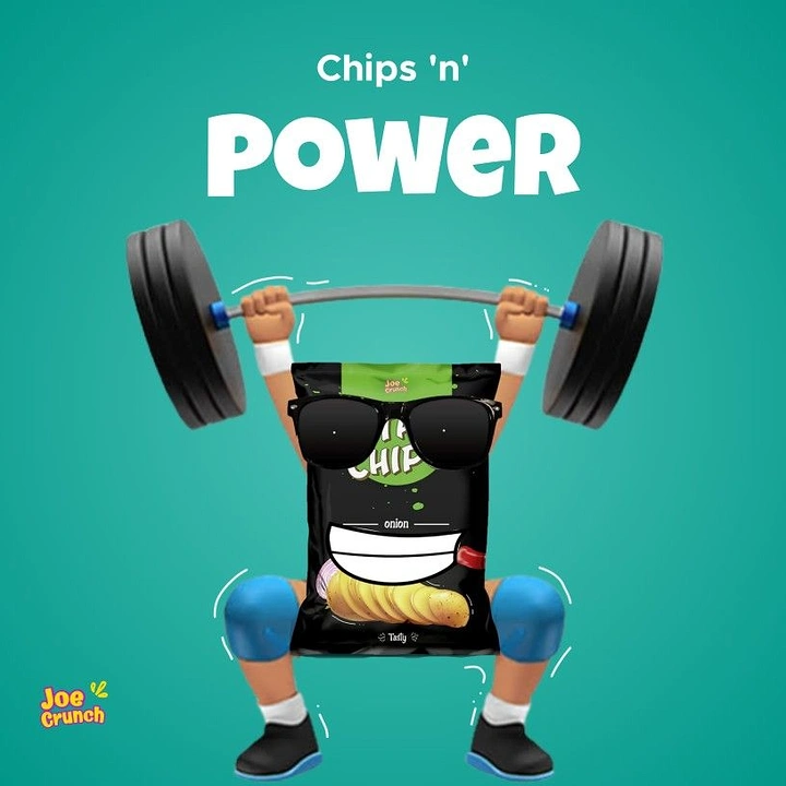 Snacks & Namkeen Brands creative ad: Chip pack mascot lifting weights, 'Power'