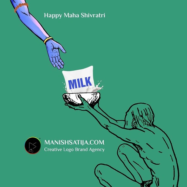 other-festival creative ad: Blue divine hand passing a milk packet to a poor man's bowl