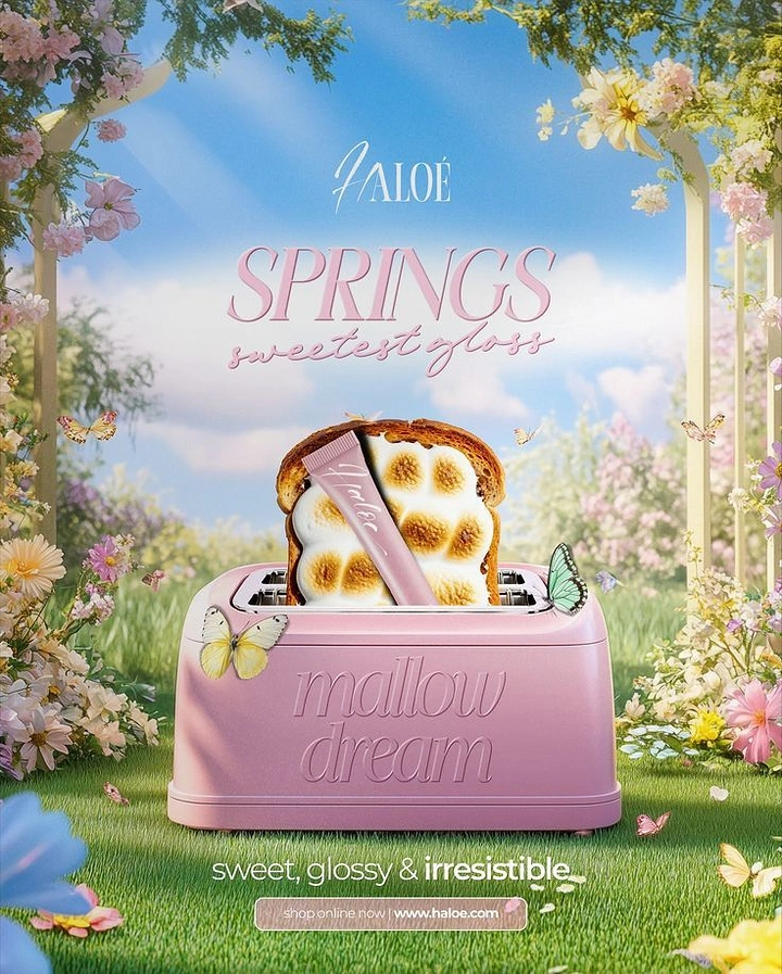 Creative ad: Pink toaster with marshmallow toast and lip gloss tube in a spring garden