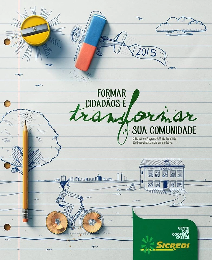 Finance & Banking creative ad: Real school supplies blended into blue ballpoint doodles on notebook paper