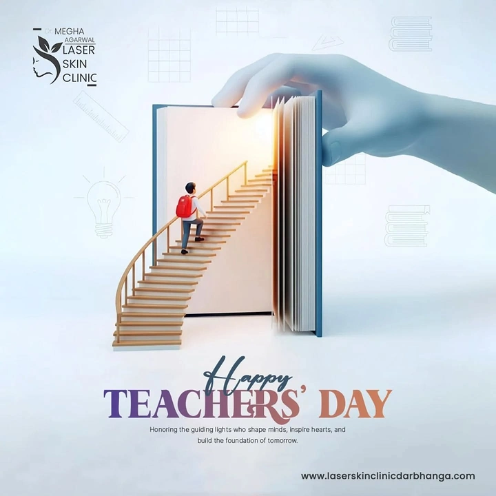 Teachers Day creative ad: Giant hand opening a book as a door to a lit staircase